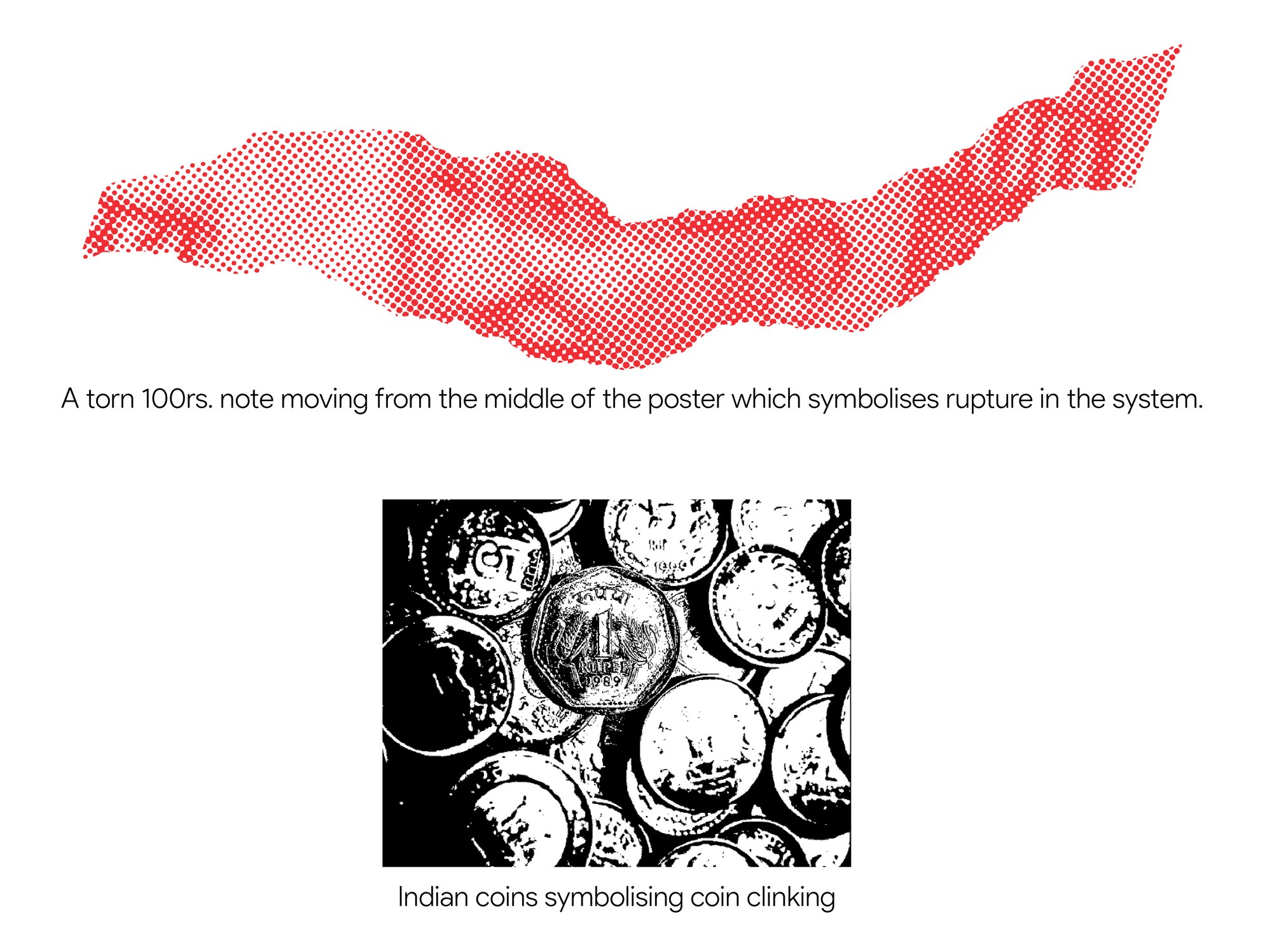 Early concept exploration for the A1 poster: torn note shape and coin pile texture